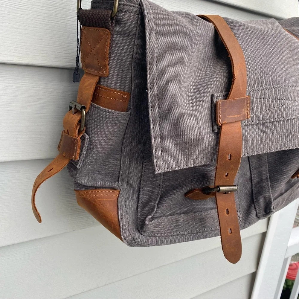 Lifewit Brown Canvas & Leather Satchel Messenger Cross Body Shoulder Bag Grey